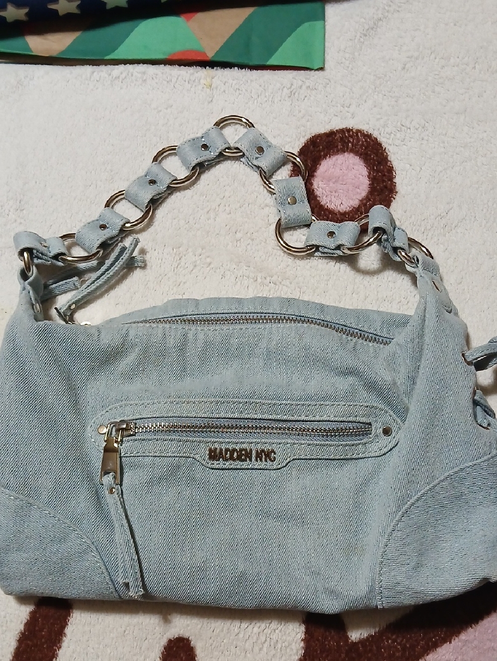 Madden NYC Light Blue Denim Shoulder Bag with Chain-Link Strap